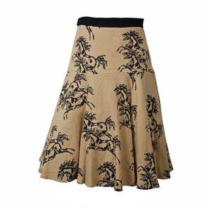 Odille Anthropologie Galloping Horses Skirt Linen Blend Tulle Lined Tan Black 10